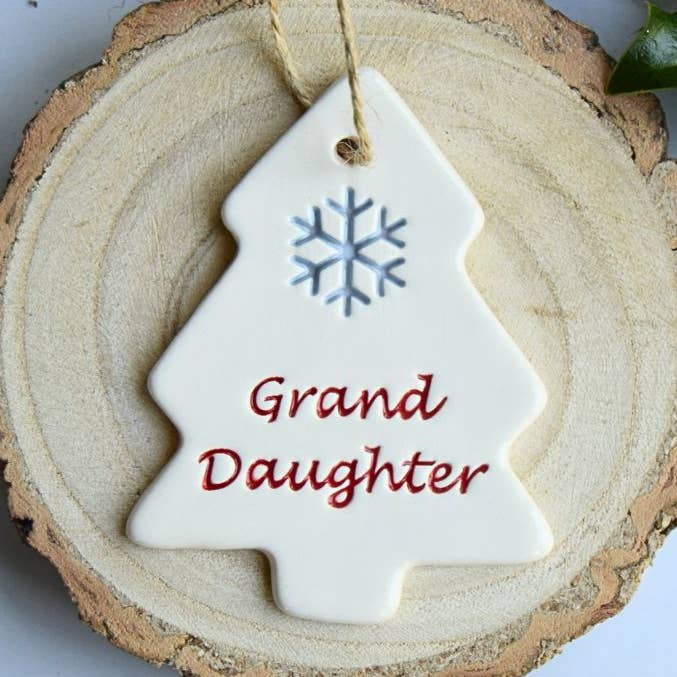 Christmas - Grand daughter - Handmade ceramic tree dec for wholesale by Broadlands Pottery