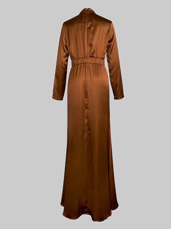 OURO Vestido Comprido de Manga Comprida Plissado Brilhante com Gola Alta para venda a revendedores na Faire14