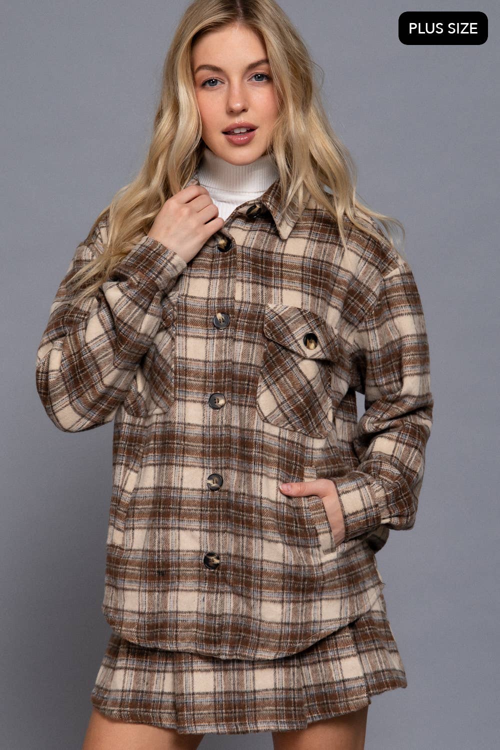 Active Basic | Active USA - Vente Veste-chemise – femme - [VÊTEMENT GRANDE TAILLE] Veste à carreaux en laine mélangée à manches longues et boutonnée19