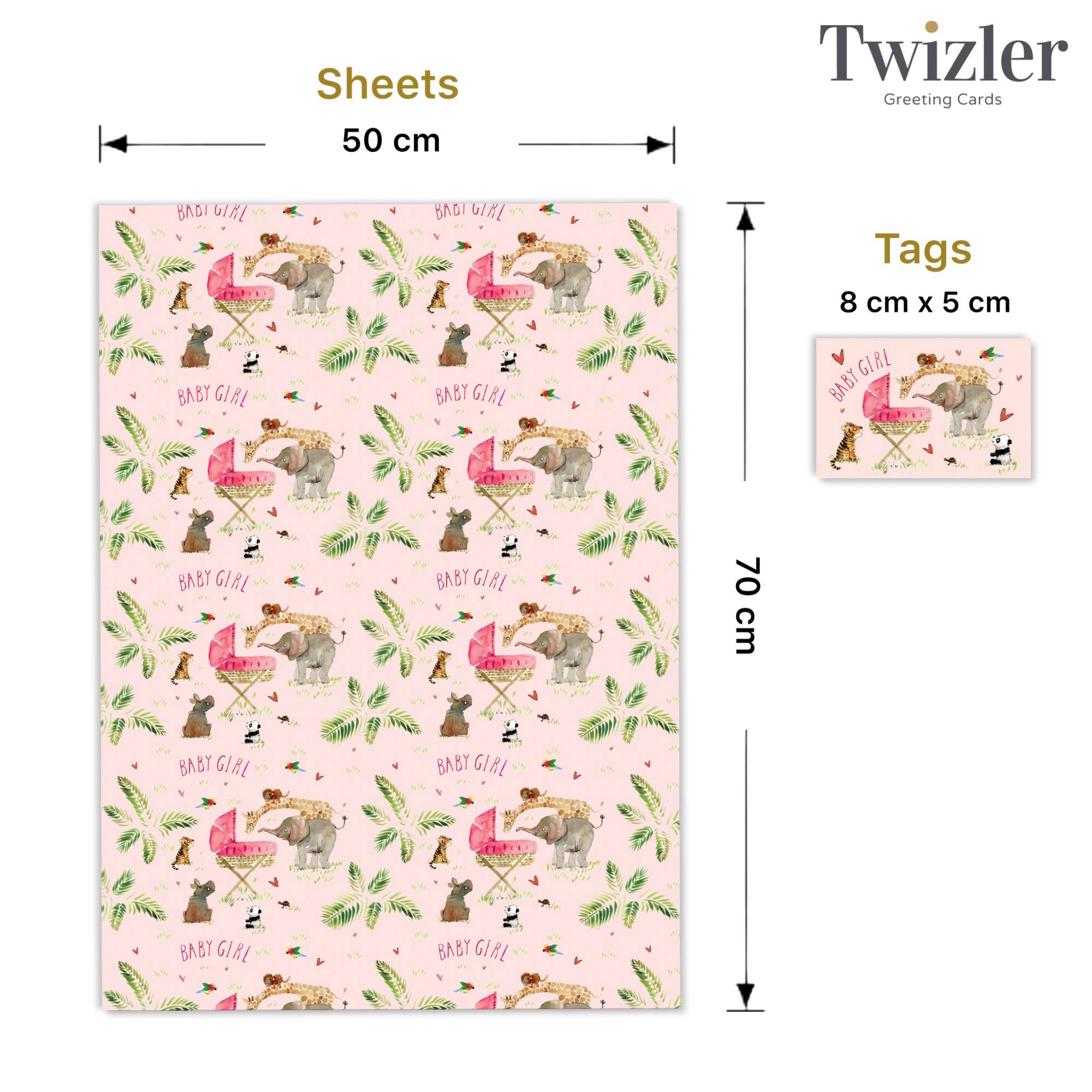Twizler Ltd – wholesale Flat wrap – New Baby Girl Gift Wrap - Packed 2 Sheets 2 Tags2