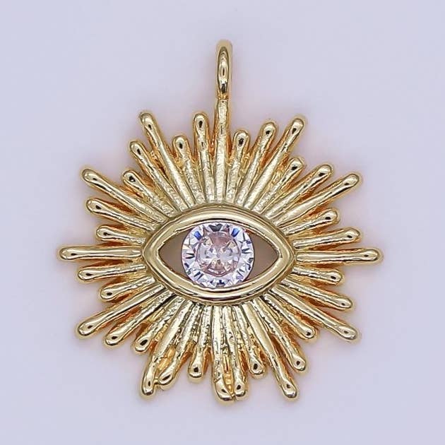 Mini Eye 16x14.5mm 24k Gold Filled Evil Eye, Micro Pave Evil Eye Charm, Clear Cubic Charms, CZ Gold Evil Eye Charm, Sun Burst Jewelry Supply N-246 for wholesale by Aim Eternal