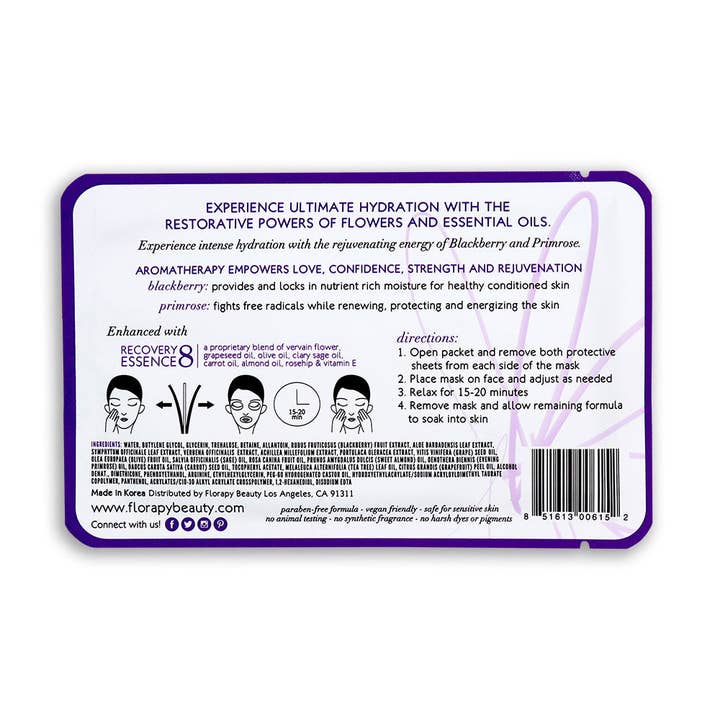 Florapy Beauty – wholesale Ansiktsmasker – Deep Hydration Aromaterapi Sheet Mask, Blackberry Primrose1