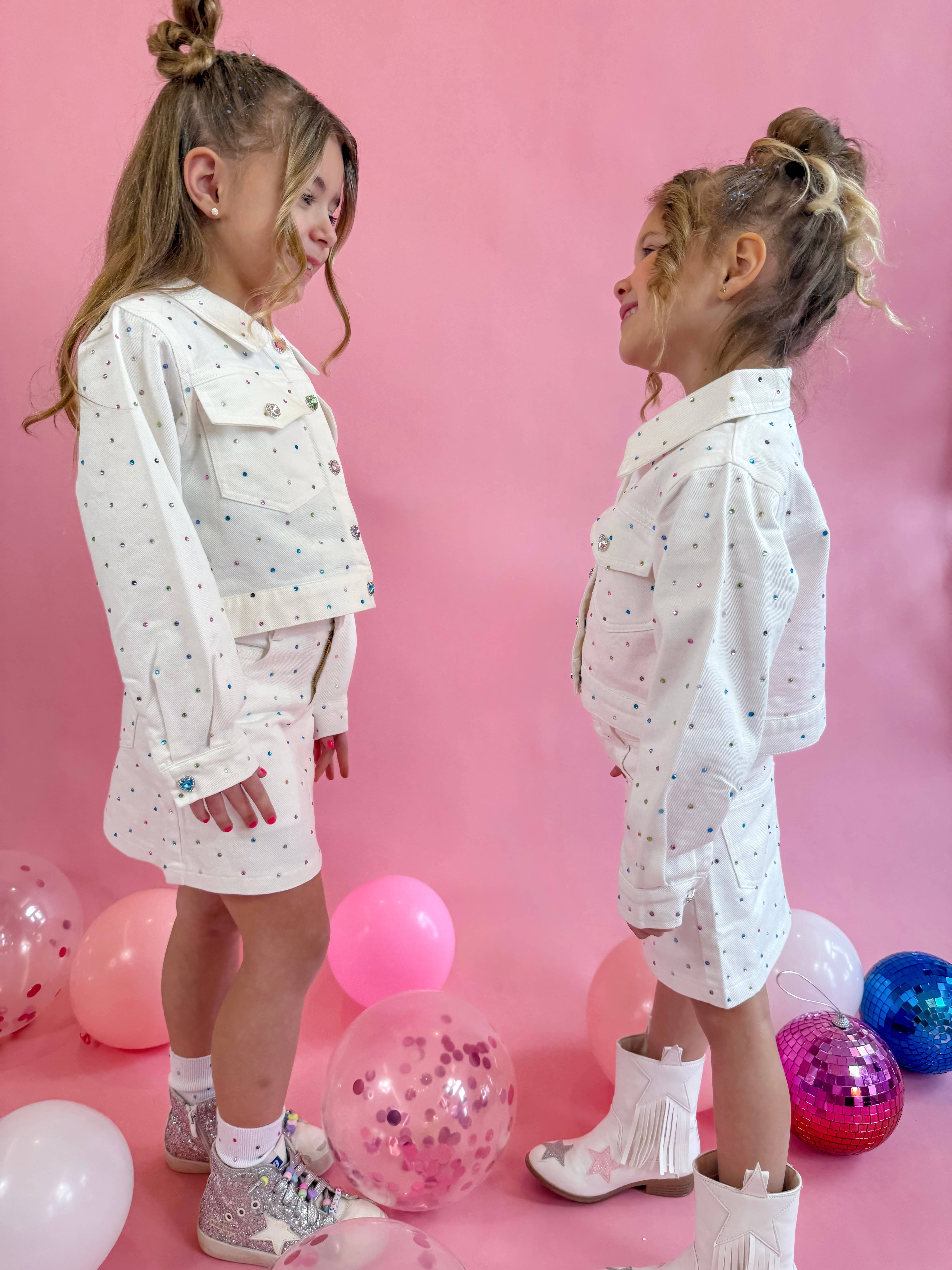 Ellie and Mila - Vente Ensemble haut et jupe – enfant - Ensemble Gemmes en Denim Blanc - Veste et Jupe tendance7