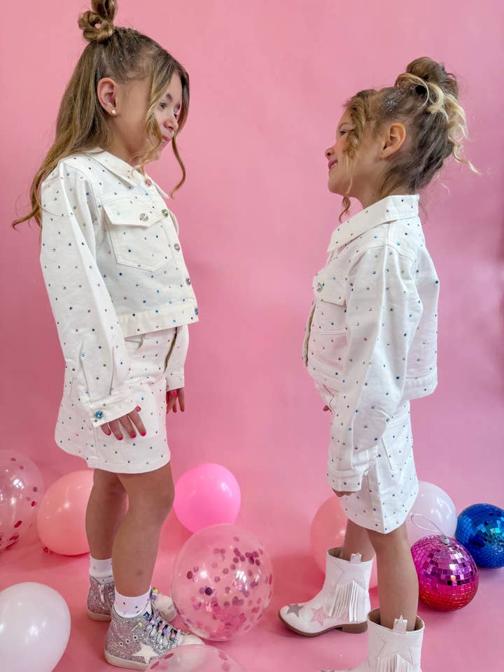 Ellie and Mila - Vente Ensemble haut et jupe – enfant - Ensemble Gemmes en Denim Blanc - Veste et Jupe tendance7