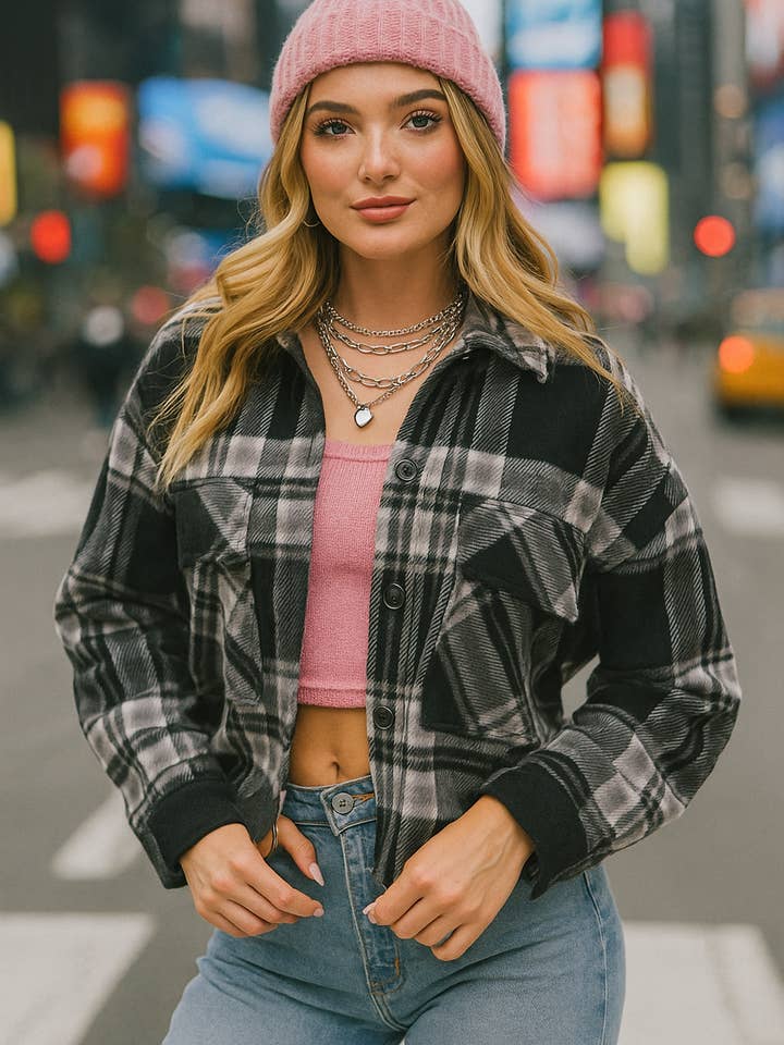 25085- Casaco Camisa Xadrez com Bainha Arredondada e Capuz por atacado de U R My Sunshine