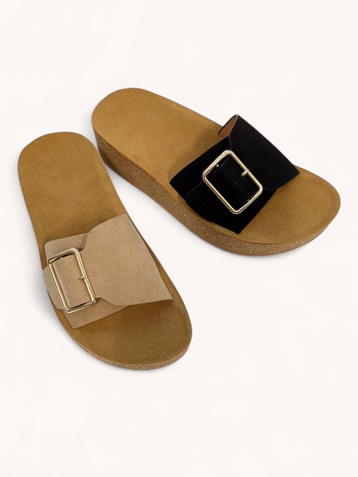 CCOCCI - Wholesale Sandals - Women's - AGAIN-04 BOLD BUCKLE STRAP CORK FOAM SOLE SANDAL