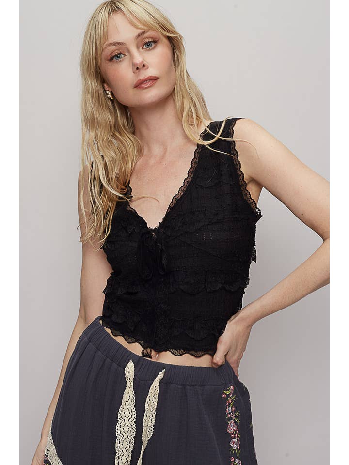 Pol Clothing - Wholesale Blouse - Women's - V-neck sleeveless cropped woven lace top