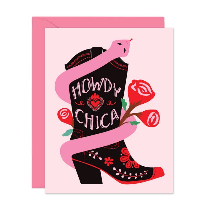 Lucy Loves Paper - Wholesale Friendship Card - Howdy Chica | Cowgirl Boot Spanglish Card
