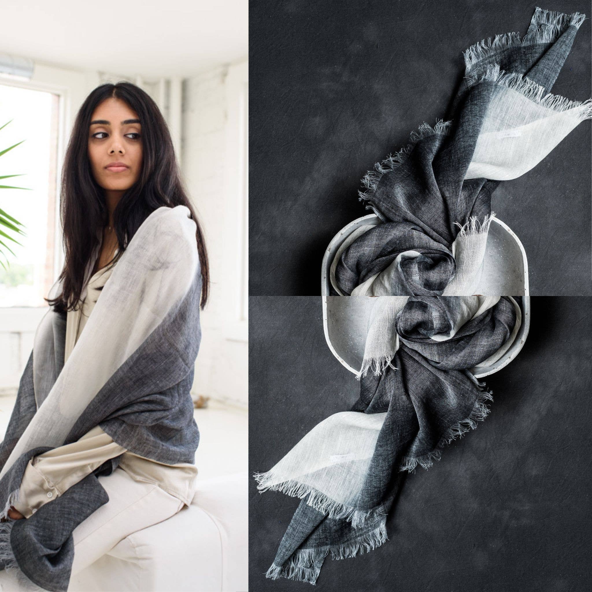 Variously - Vendita all'ingrosso Sciarpa - Donna - Sciarpa lavorata a mano in morbido lino nero con sfumature di granito



11