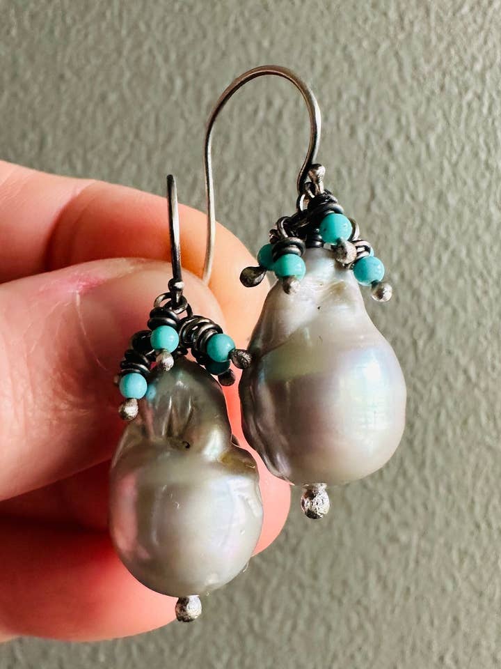 Baroque Pearl Dangle Earrings with Kingman Turquoise Fringe for wholesale by Peaces of Indigo