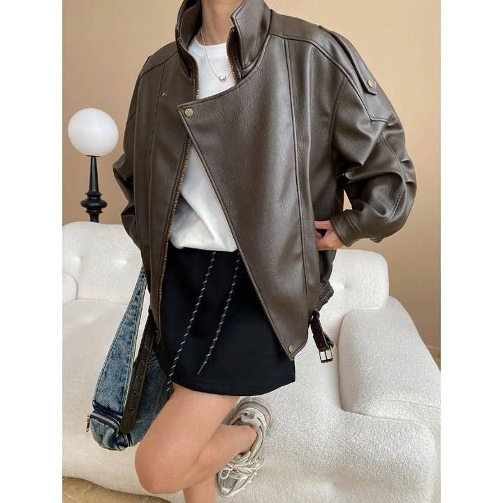 Blouson en cuir de moto à fermeture éclair oblique pour la vente par Mirazshoes WholeSale