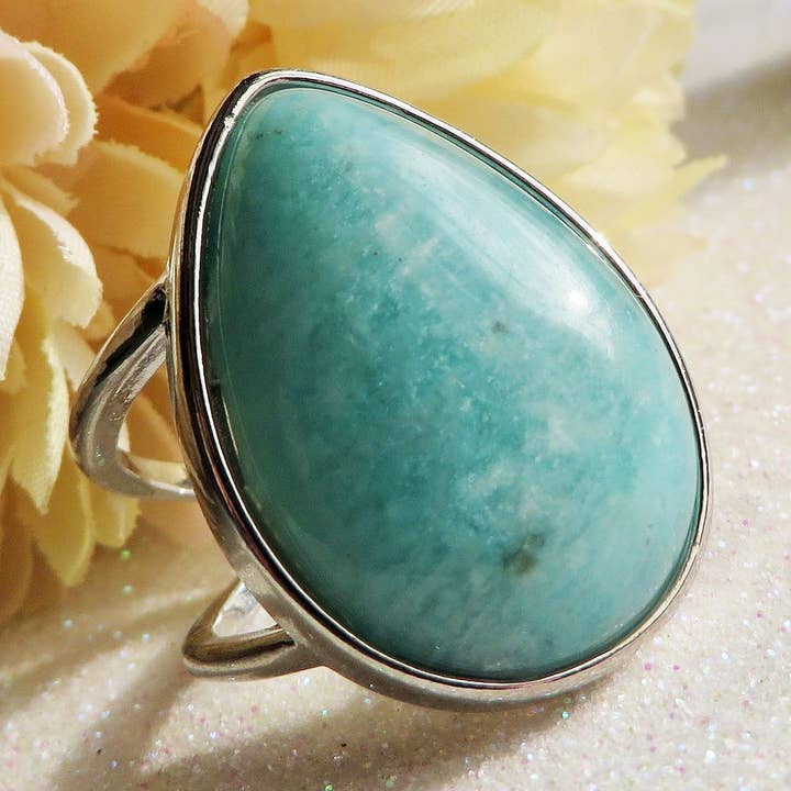 AKASA DROP ~ Adjustable ring in natural AMAZONITE and other Purchase Wholesale acqua minerale. Free Returns & Net 60 Terms on Faire trending on Faire.