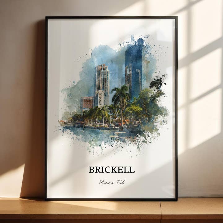 Art de Brickell Miami, Impression de Brickell, Art Aquarelle de Brickell Miami FL, Cadeau de Brickell, Impression de Voyage à Miami, Affiche de Voyage, Cadeau de Pendaison de Crémaillère pour la vente par Premium Travel Art