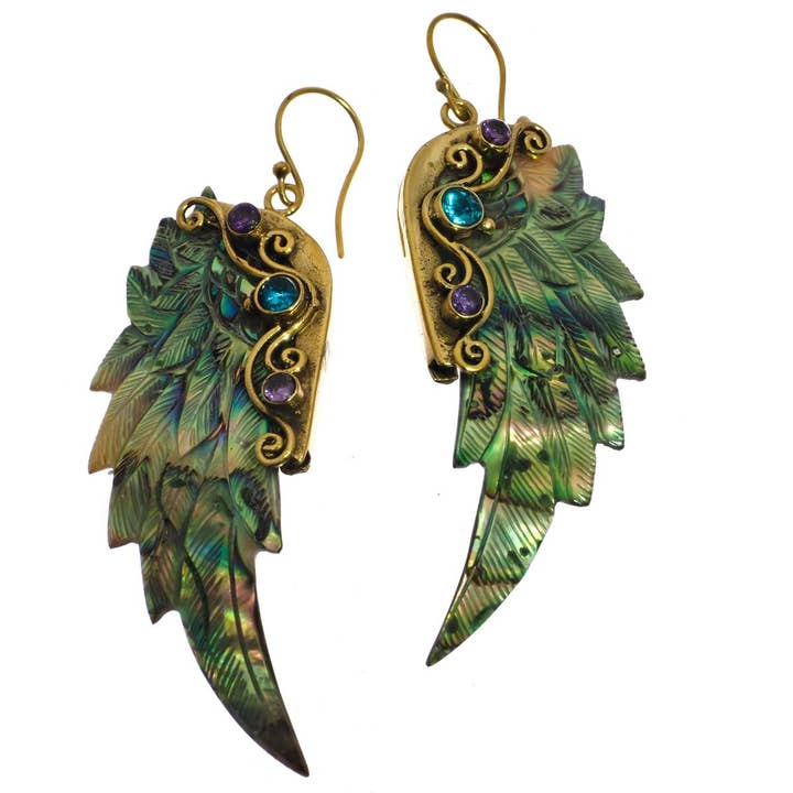 FifiRose - Wholesale Dangle Earrings - paua abalone shell wing hand carving brass filigree drop earrings, 2 1/4"2