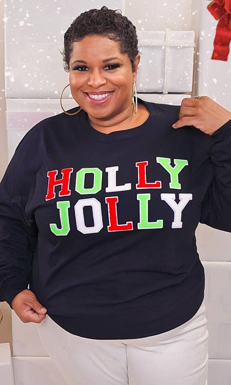 Sugar Stitch - Wholesale T-Shirt - Women's - Soft Chenille Holly Jolly Graphic Long Sleeve T-Shirt