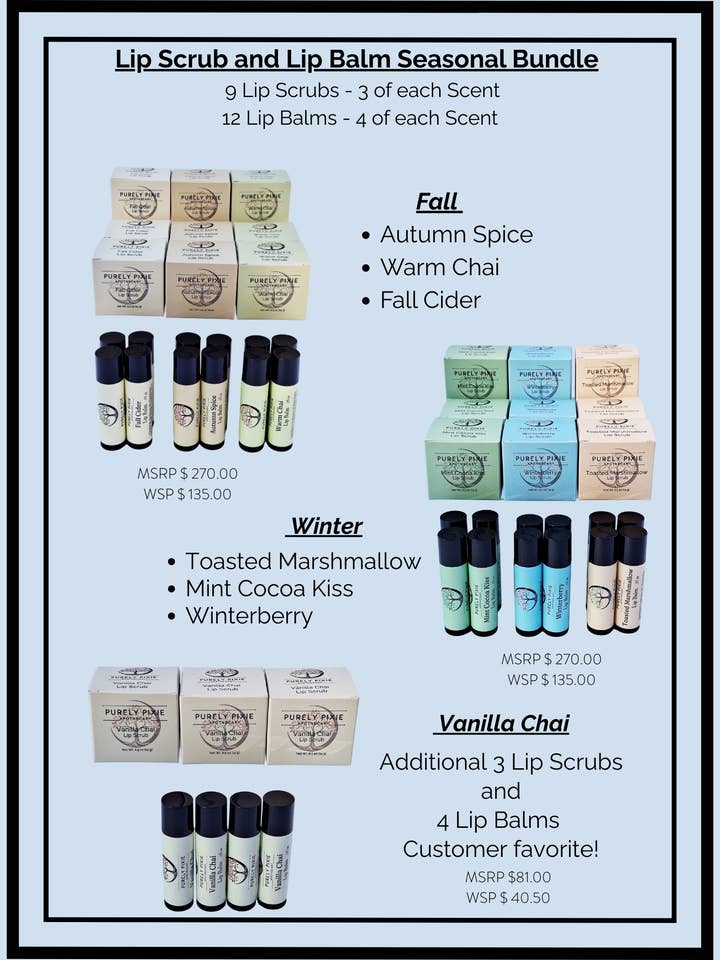 Seasonal Lip Scrub and Lip Balm Bundle for wholesale by Purely Pixie Apothecary