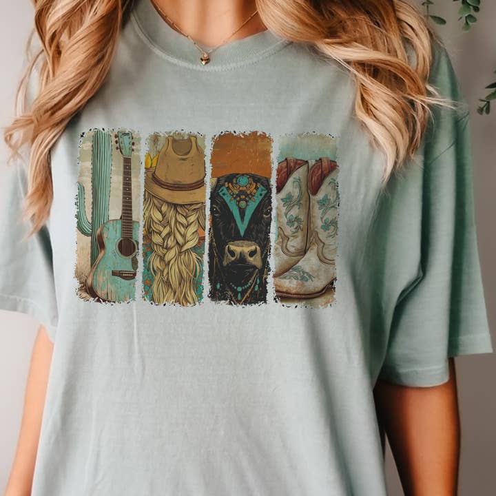 T-shirt graphique avec guitare et vache cowgirl de l'Ouest, Music City Nashville pour la vente par Par.tees by Party On!