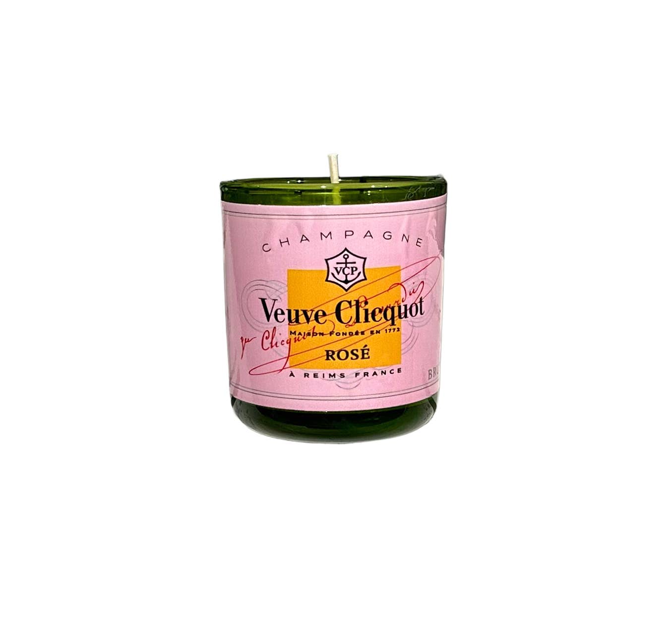 Brut Candela votiva in vetro verde con etichetta champagne in vendita all'ingrosso su Faire