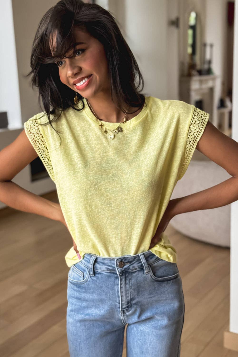 Yellow Cream Lace Patchwork Cap Sleeve Round Neck T Shirt for wholesale on Faire6