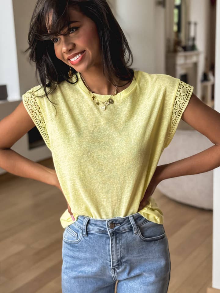 Yellow Cream Lace Patchwork Cap Sleeve Round Neck T Shirt for wholesale on Faire6