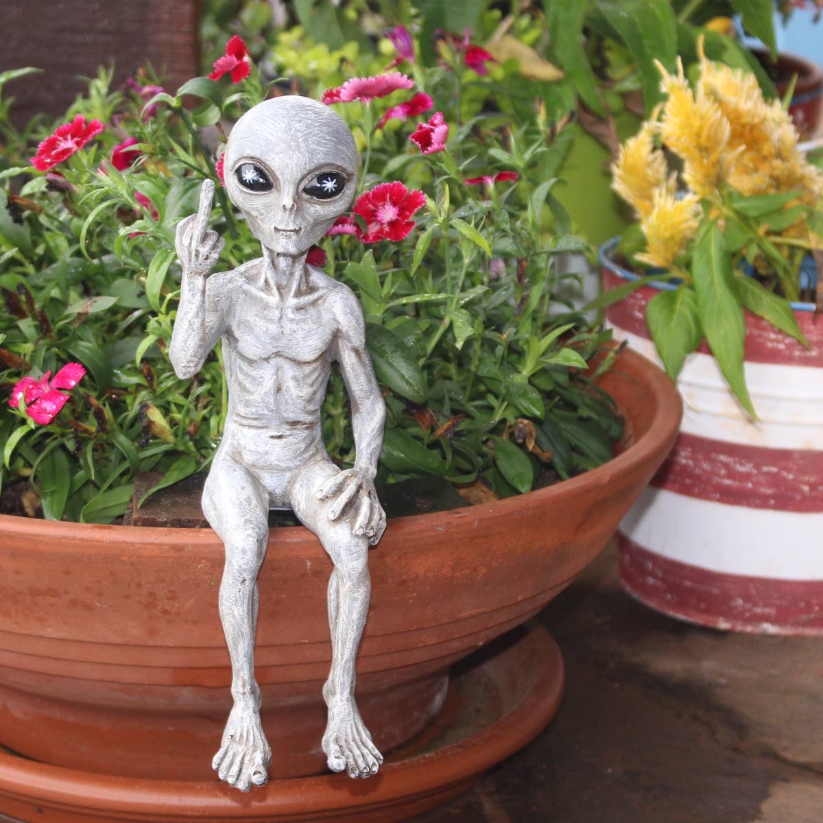 John Bernard & Company - Wholesale Outdoor Ornament/Decor - Rude Alien Statue “Flipping The Bird” 10″ H Shelf Sitter 1