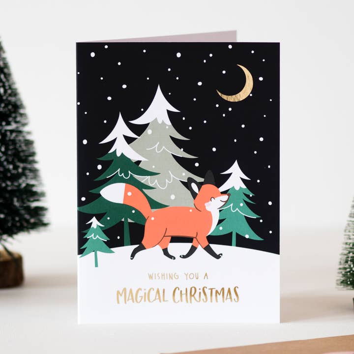 Biglietto natalizio con volpe nella neve per la vendita all'ingrosso da parte di Mila made