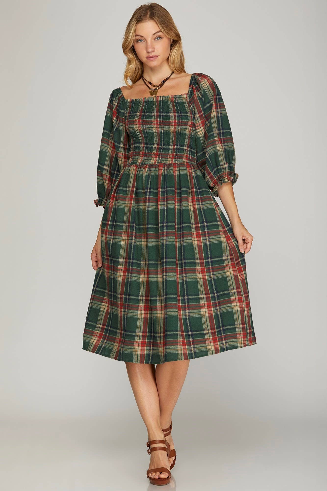 Peace Love Line - Wholesale Dress - Women's - PL3847 - PUFF SLEEVE SMOCKED TOP CHECKER WOVEN MIDI DRESS