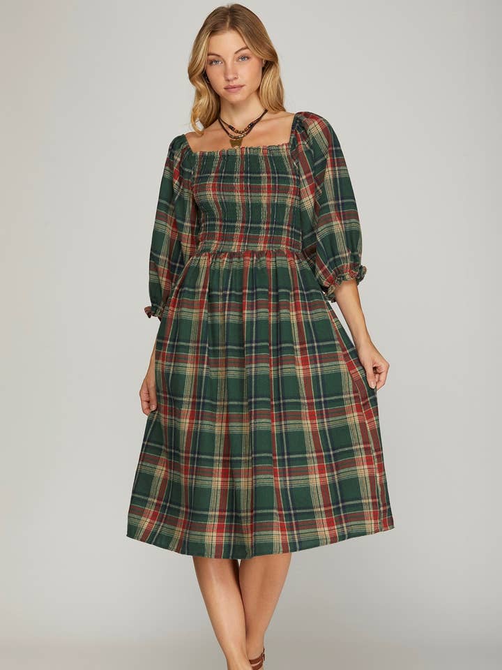 Peace Love Line - Wholesale Dress - Women's - PL3847 - PUFF SLEEVE SMOCKED TOP CHECKER WOVEN MIDI DRESS0