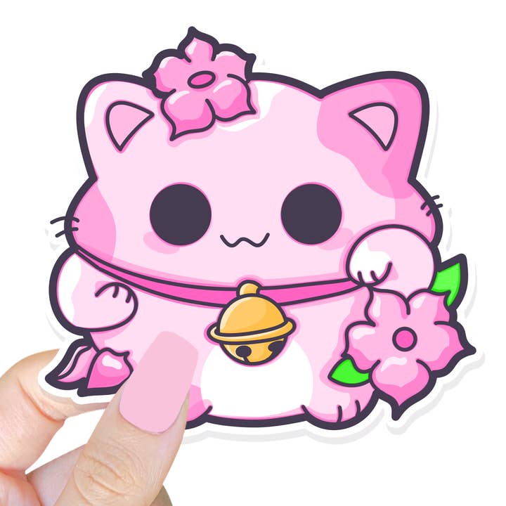 Pink Lotus Lucky Cat Sticker for wholesale by Lil Charmery