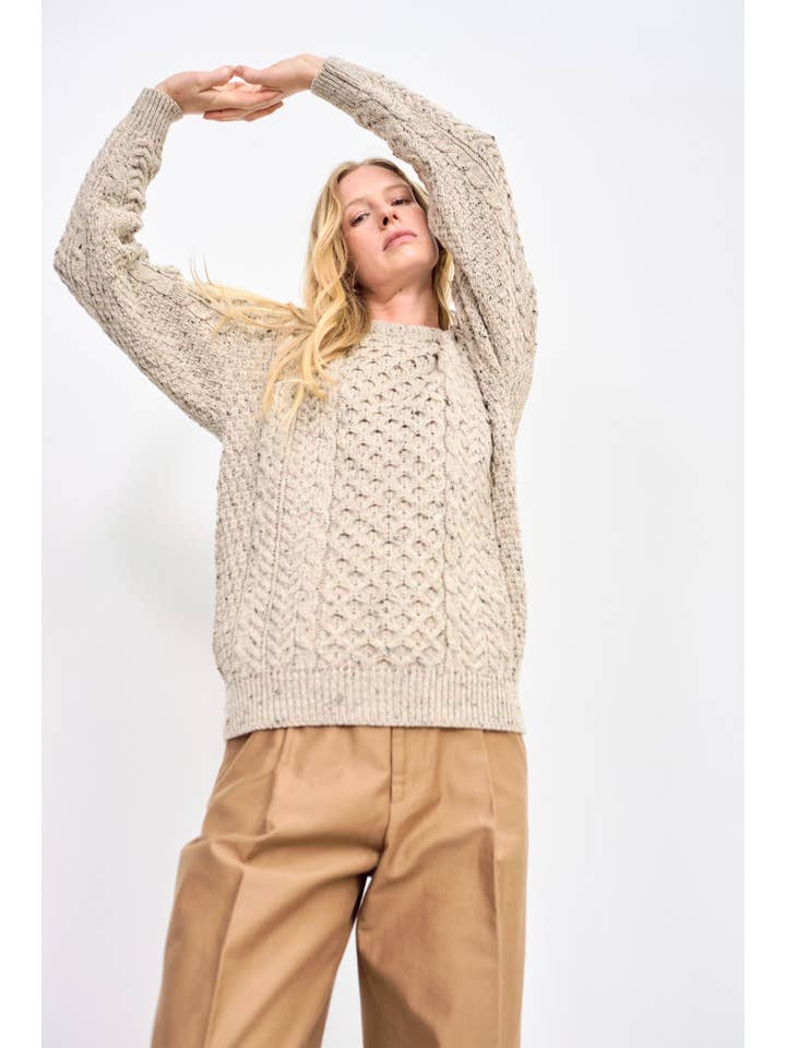 Aran Woollen Mills - Wholesale Knit Sweater - Women's - Inishbofin Ladies Traditional Aran Sweater - Flecked Oat2
