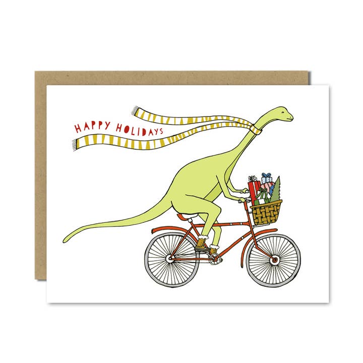 Dinosaur on a Bicycle Holiday Card for wholesale by Sloe Gin Fizz