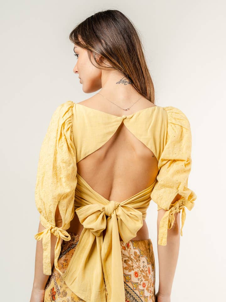 Crochet Sleeve Open Tie Back Crop Top - TI2722 for wholesale by Fore Collection