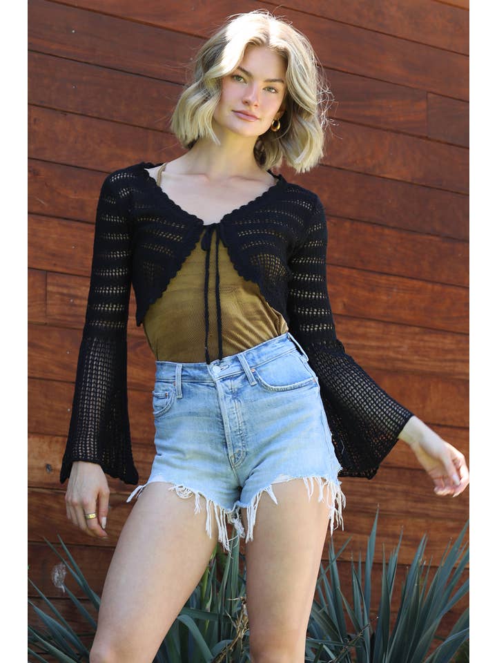 ANGIE - Wholesale Knit Sweater - Women's - XHQ87-ASIS FLARE SLEEVE TIE FRONT CROP CROCHET CARDIGAN