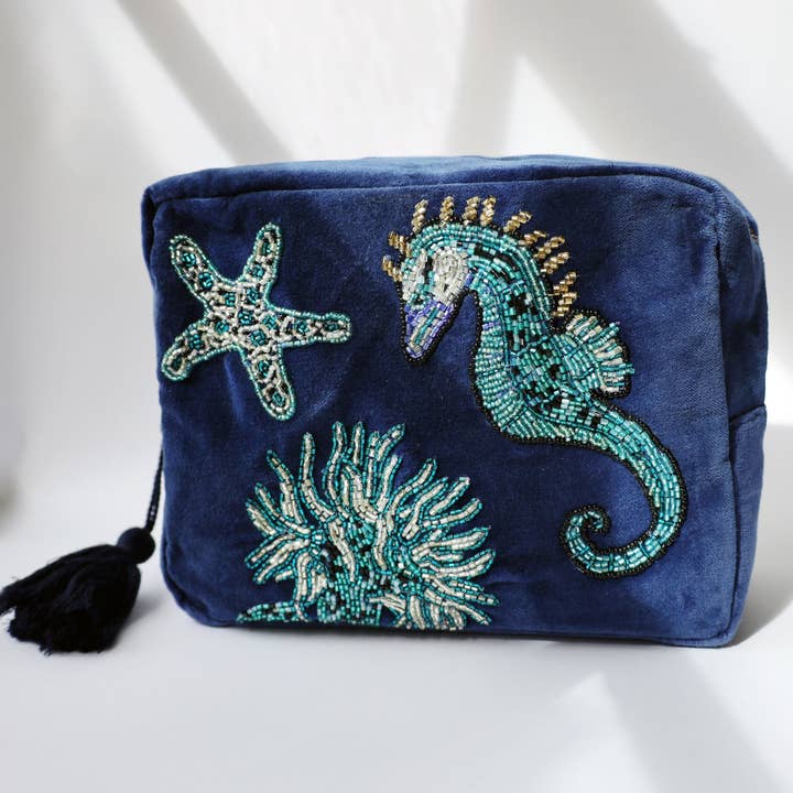 Velvet Beaded Seahorse Wash Bag for wholesale by Cream Cornwall