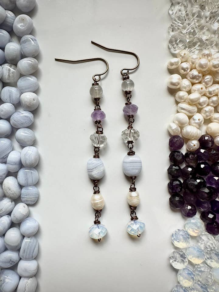 Jax Pearl and Blue Lace Agate Gemstone Cairn Earrings for wholesale by Little Rooster Studio