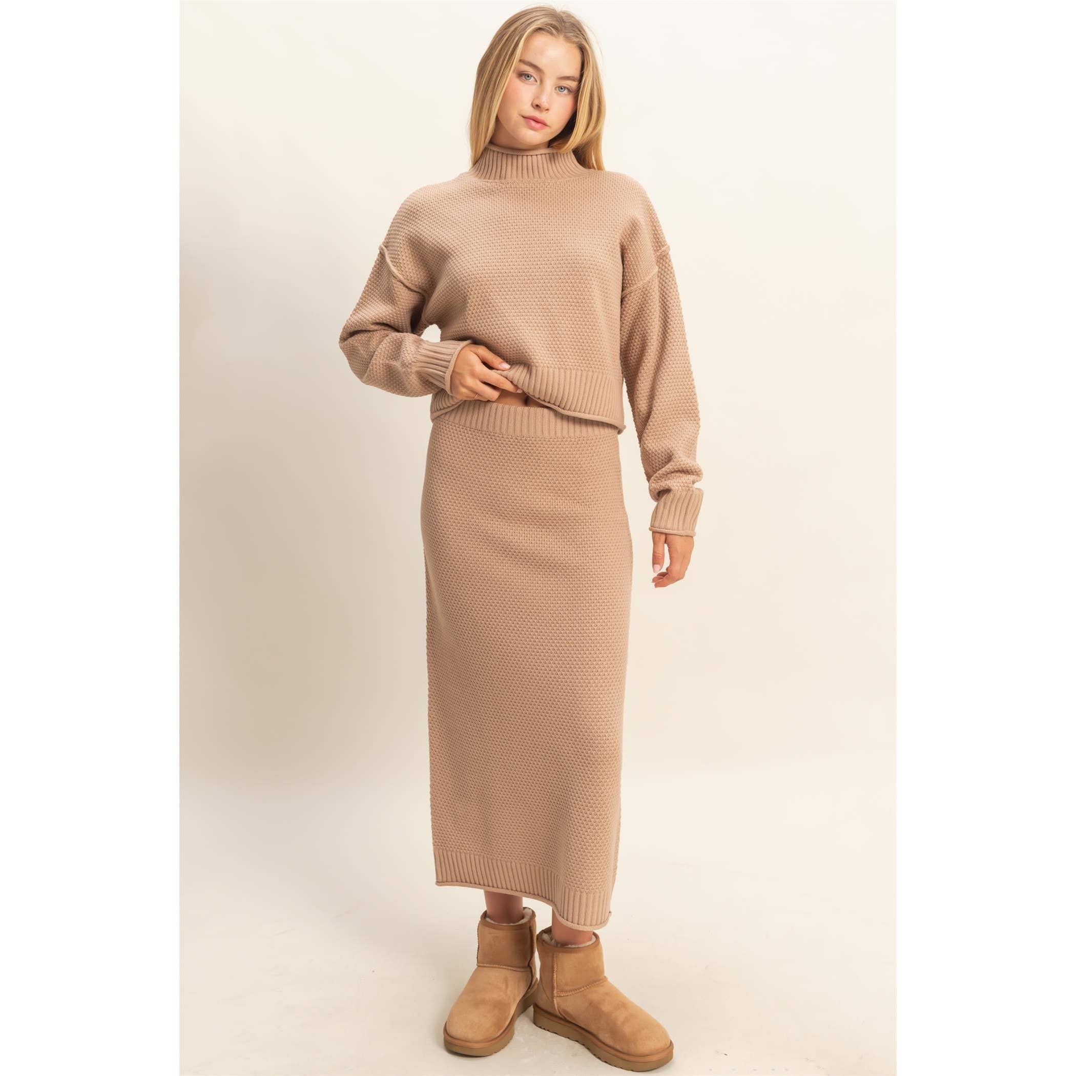 Double Zero - Wholesale Top & Skirt Set - Women's - Textured High Neck Sweater & Skirt Set5