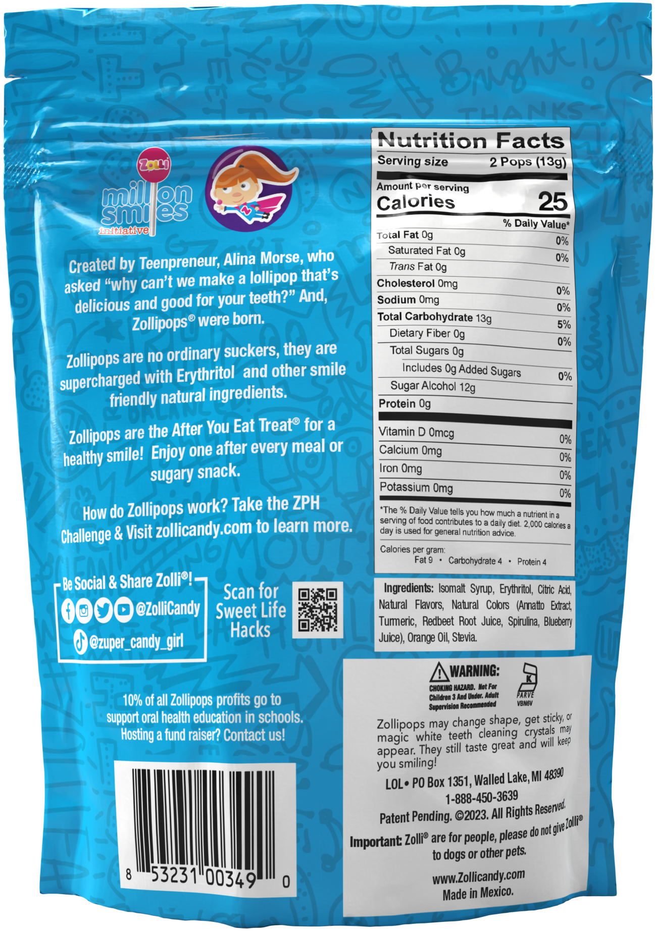 Zolli Candy, The Clean Teeth Candy - Wholesale Lollipop - Zollipops Zero Sugar Original Assorted - 1.6oz Pouch2