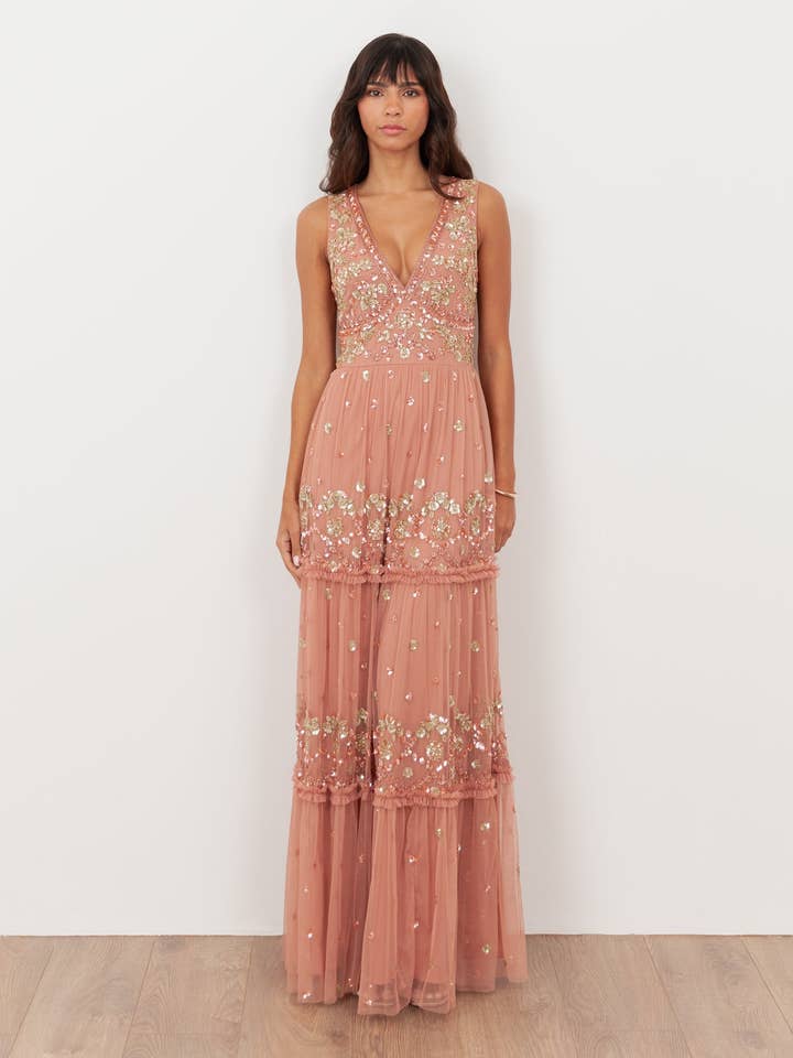 Vestido Comprido Sem Mangas Cor-de-Rosa Terracota Maya com Apliques por atacado de Plaza Collection Ltd