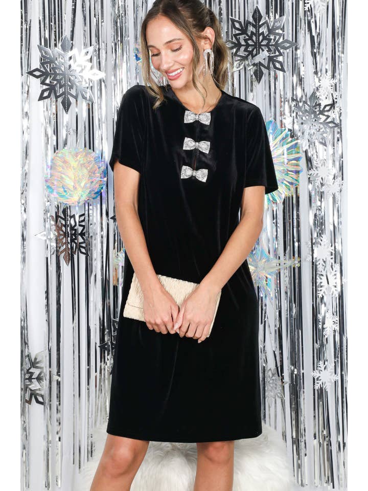 Vine & Love - Wholesale Dress - Women's - Sparkling Sequin Bow Embellished Velvet Dress VD8273719