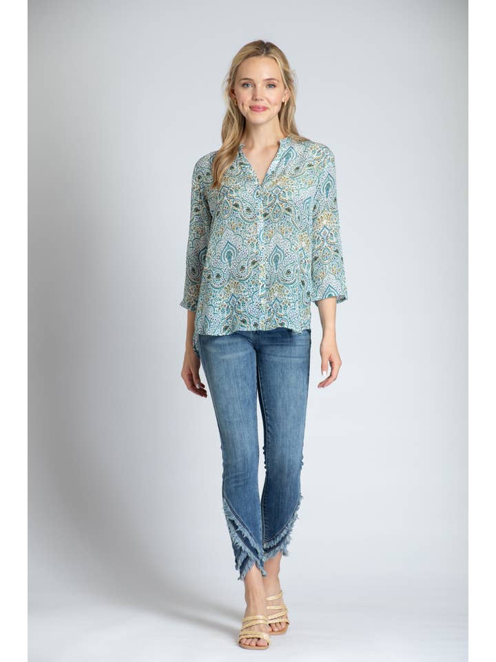 No Color Modern Paisley Print - 3/4 Slv Mandarin Collar Bttn-up for wholesale on Faire