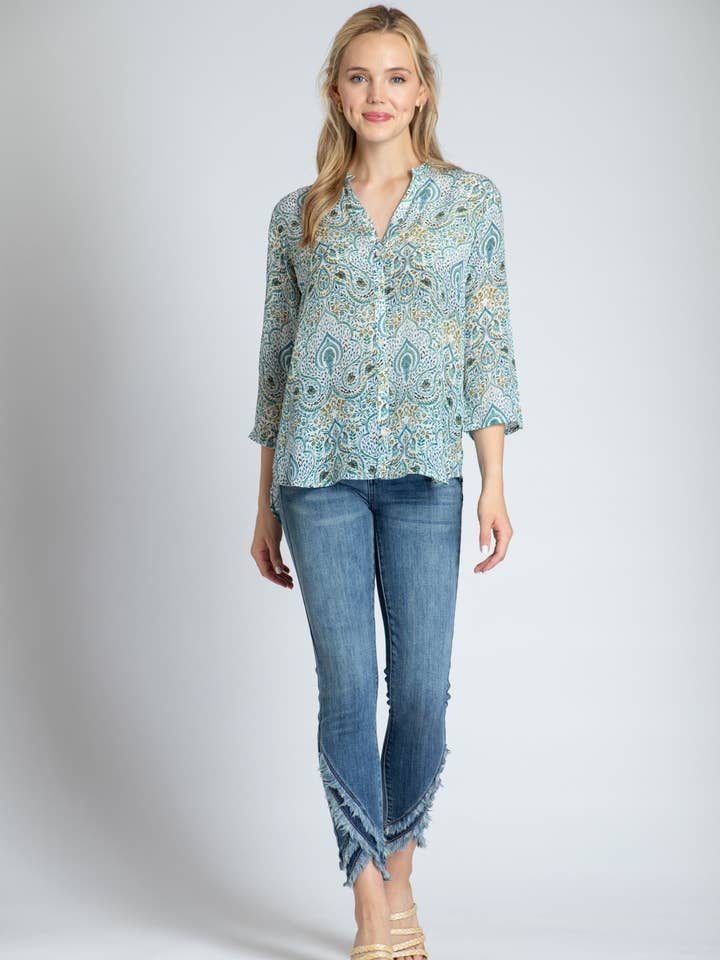 Moderne Paisley Print - 3/4 Slv Mandarin Krave BTTn-Up for engroshandel hos APNY