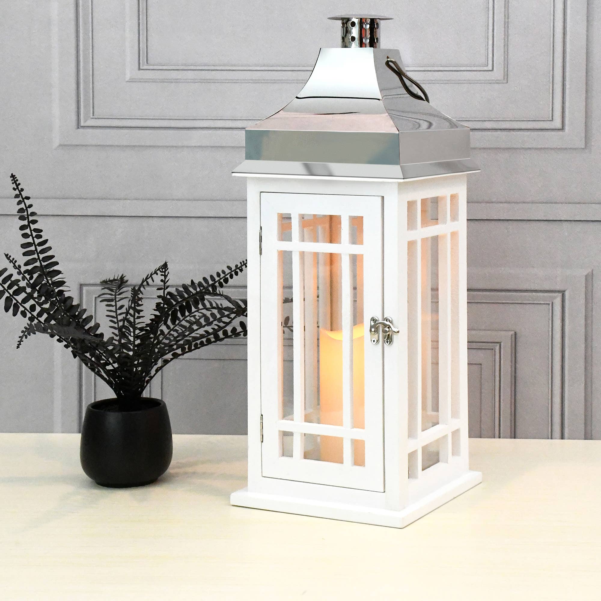 LumaBase - Wholesale Lantern - Wooden Lantern with Battery Operated Candle - White2