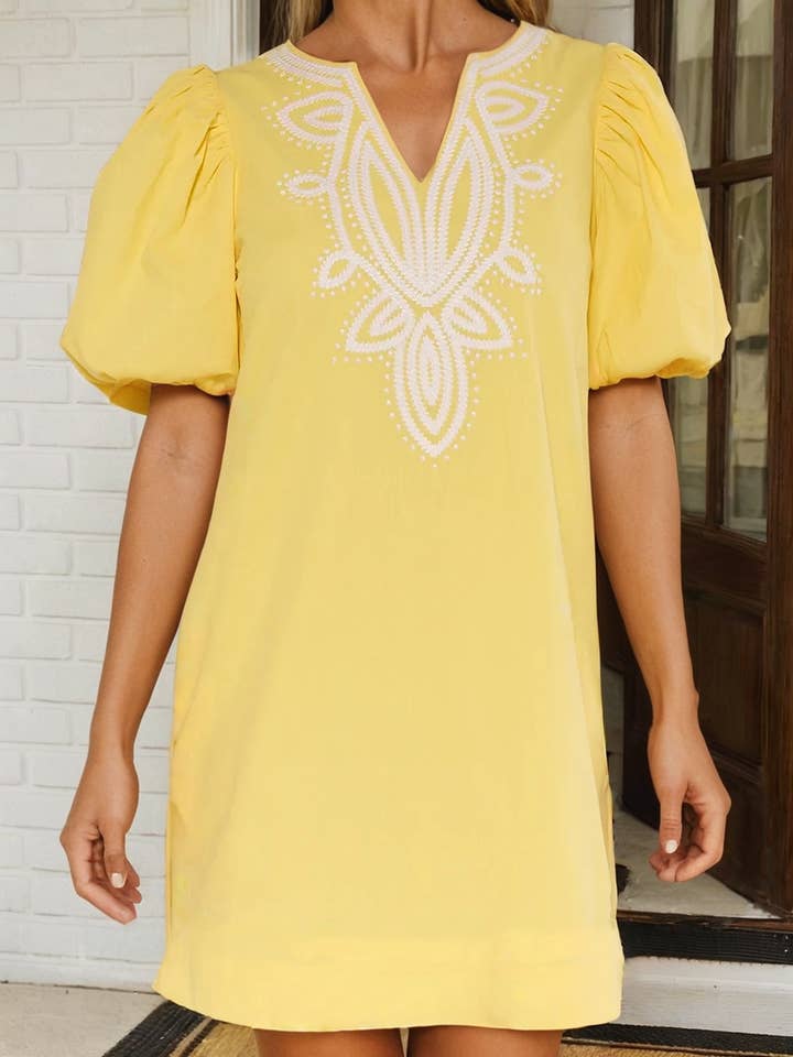 LAS-LIVE Bubble Sleeve Embroidered Shift Mini Dress (S-XL) for wholesale by LA Society