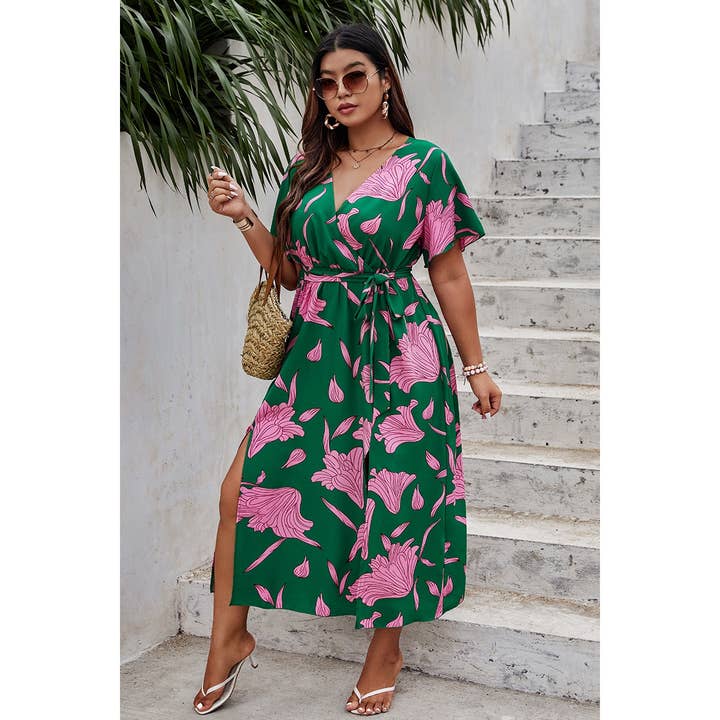 Supreme Fashion - Wholesale Dress - Women's - Plus Floral Short Sleeve Split Belted Midi Dress3