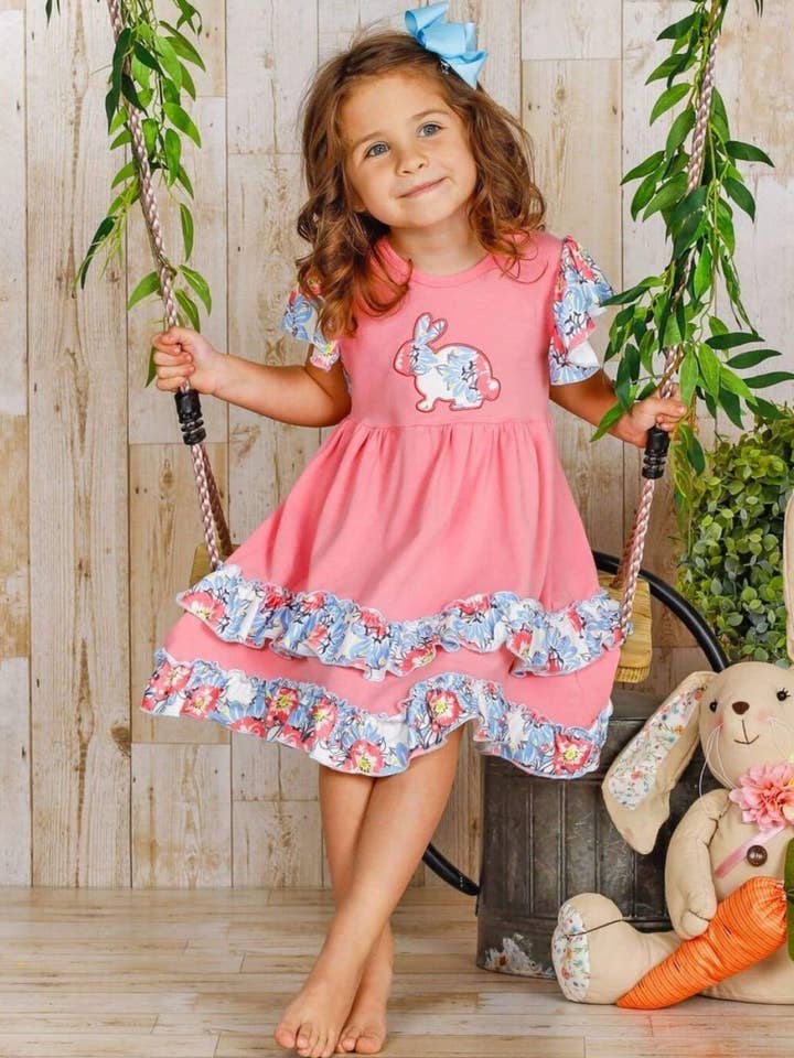 Mia Belle Girls • Wholesale - Wholesale Dress - Kids - Bunny Flutter Sleeve Tiered Ruffle Dress2