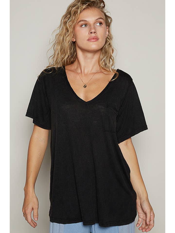 Pol Clothing - Wholesale Tunic - Women's - V-neck short sleeve casual knit chest pocket slub tee SALE
