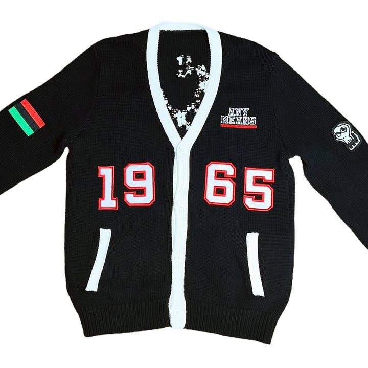 ANY MEANS Malcolm X 1965 Varsity Knitted Cardigan for wholesale by black N ugly