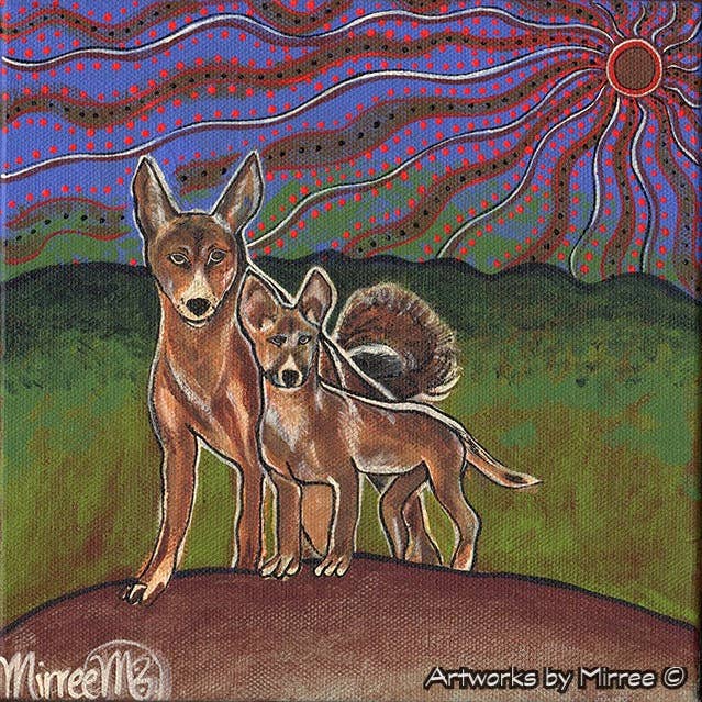 Canvas Australiana Mãe e Bebé Dingo Enquadrada por Mirree Contemporary Aborígene Art por atacado de Art by Mirree