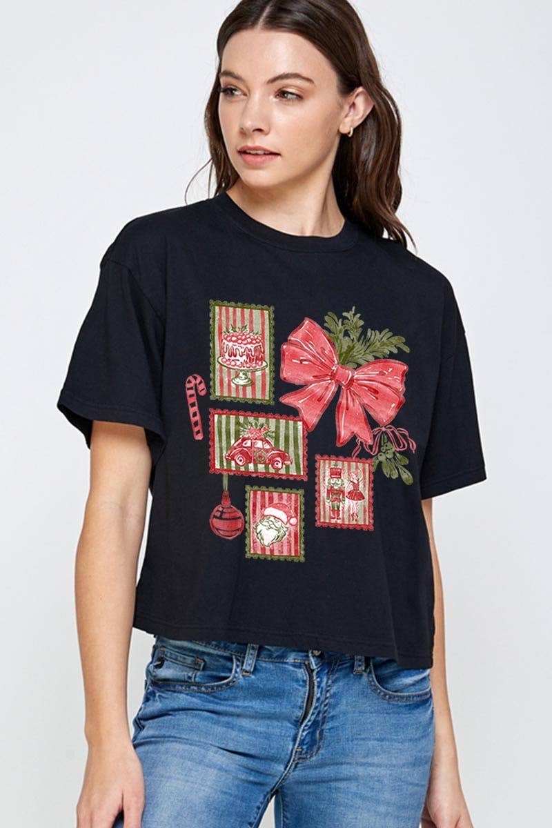 COLORBEAR - Wholesale T-Shirt (Graphic) - Women's - Christmas Stamps Graphic Relaxed Crop Top1