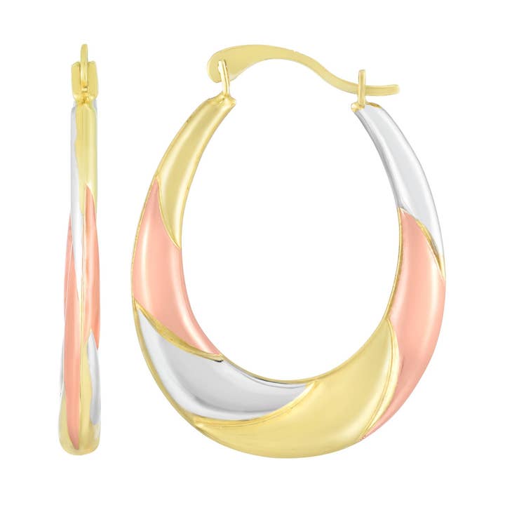 Pendiente de aro pulido de 24,5 x 19 mm con acabado tricolor de oro de 14 quilates con cierre de bisagra para venta al por mayor de The Diamond Deal